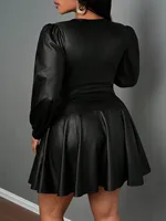 plus Size Leather Skirt for Women Deep V Neck Lantern Sleeve Waist Cinched A-Line Party Outfit Sexy Girl's Ensemble - Image 2
