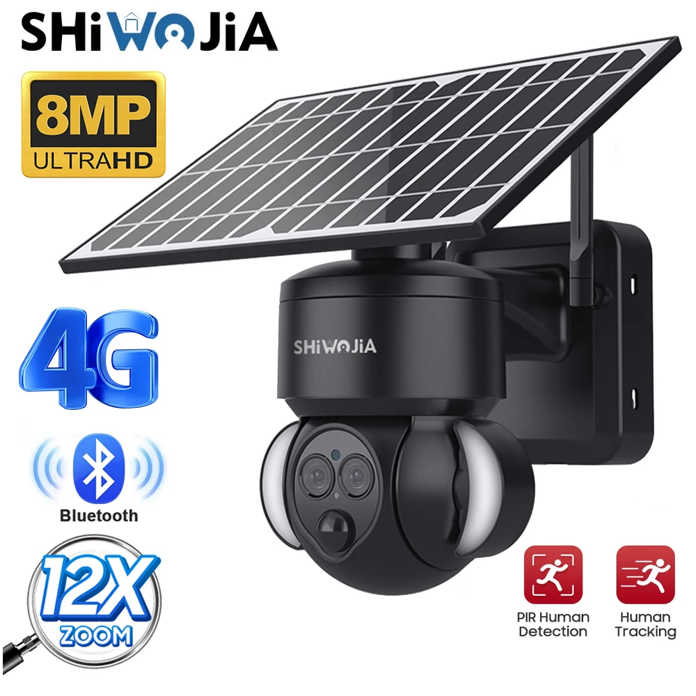 

SHIWOJIA 4K 8MP Solar Powered Camera 4G SIM 12X ZOOM Humanoid Tracking WIFI Solar Camera Human Detection Video Security Camera