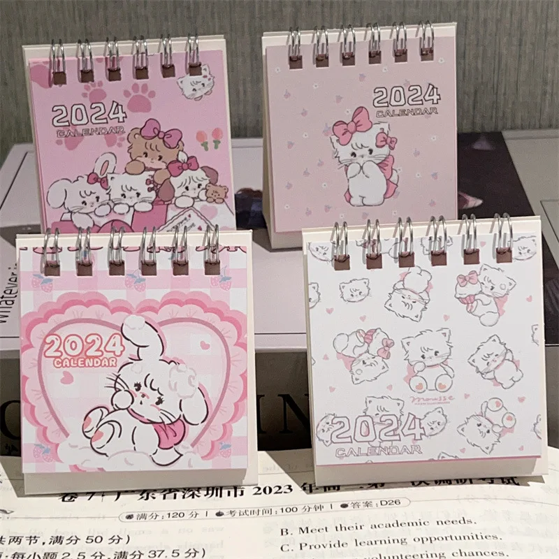 

2024 Cartoon Pink Cat Table Calendar Mini Cute Small Daily Planning Monthly Calendar For Home