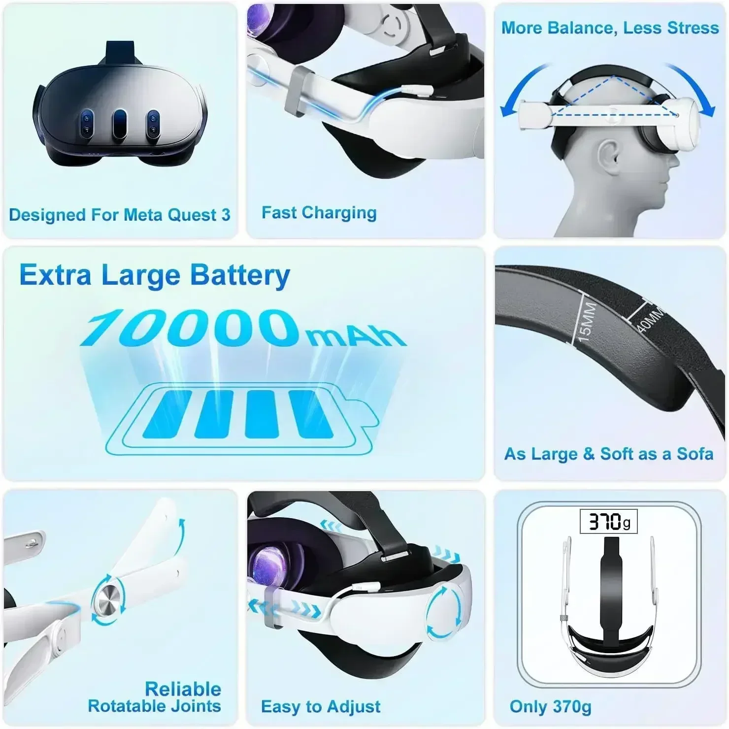 Head mounted VR Accessories RGB Battery 10000mAh RGB Battery Fast Charge 18W for Oculus Quest 2 Quest 3 3s vr face pad vr lens protector vr prescription lenses vr head strap vr infrared light vr controller vr battery charger station vr stand vr cable management vr radiator fan