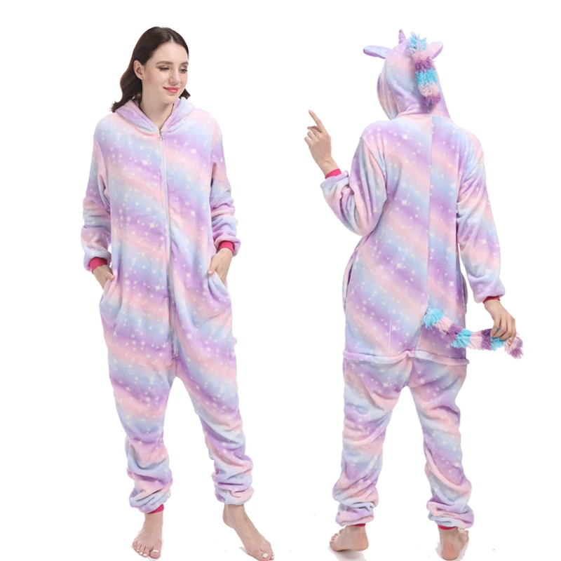 Adults Animal Unicorn Pajamas Cartoon Licorne Panda Kigurumi Women Costumes Winter Flannel Overalls Unicornio Sleepwear