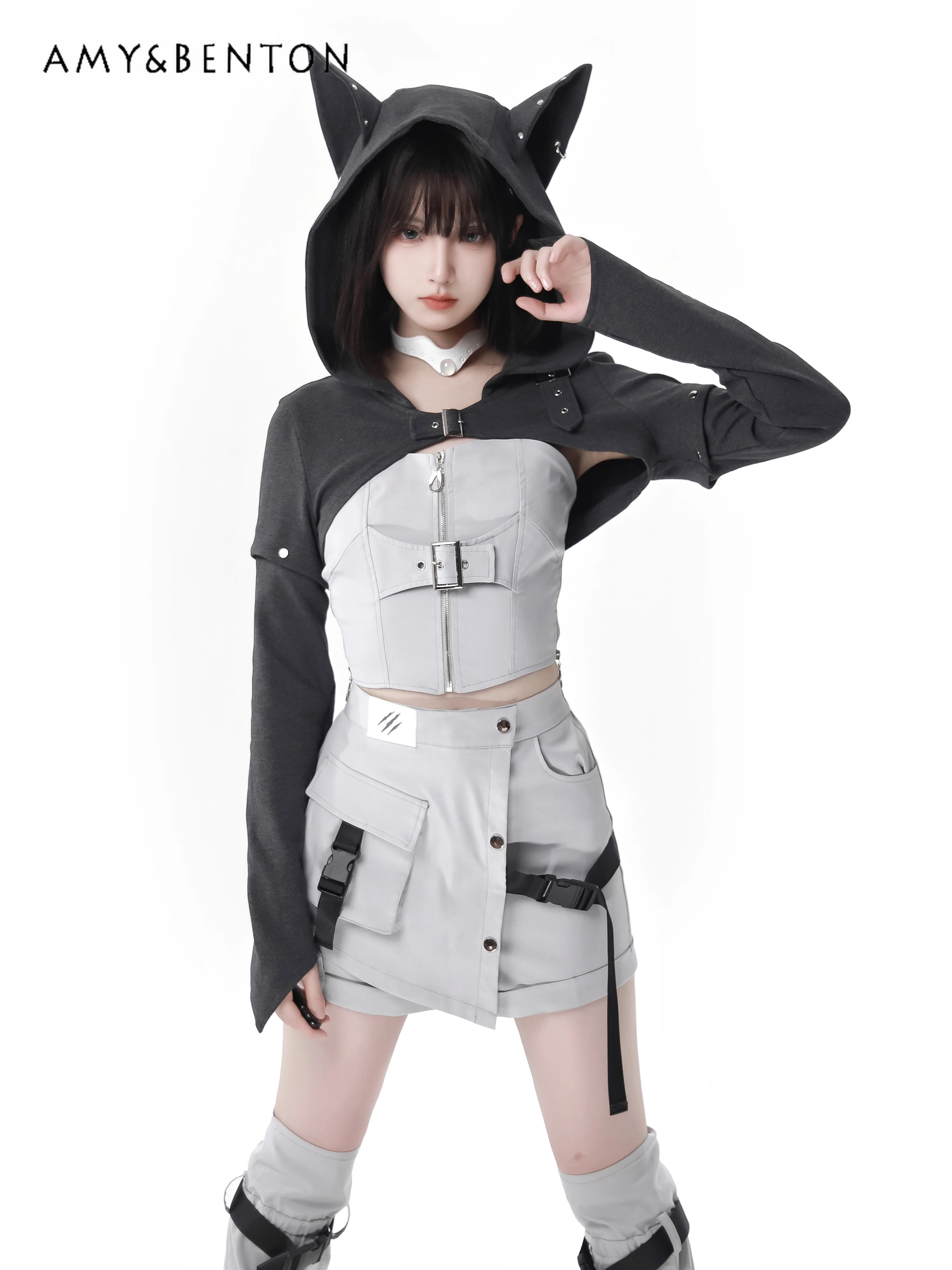 Original Street Hot Girl Sweet Removable Sleeve Hooded Jacket Sleeveless A-line Dress Subculture Two-Piece Sets Womens Outfits 2