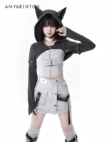 Original Street Hot Girl Sweet Removable Sleeve Hooded Jacket Sleeveless A-line Dress Subculture Two-Piece Sets Womens Outfits 2