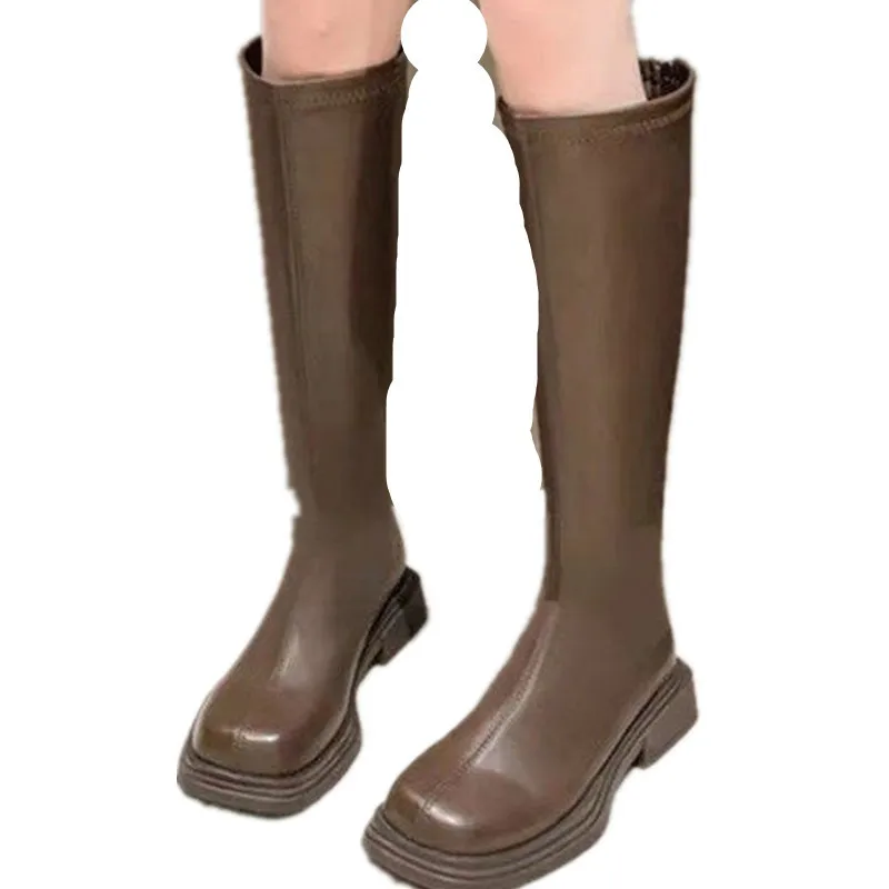 Heel Lady Boots Round Toe Women's Shoes Platform Women Zipper Over-the-Knee Clogs Rubber Autumn Basic Solid Retro Fashion New 40