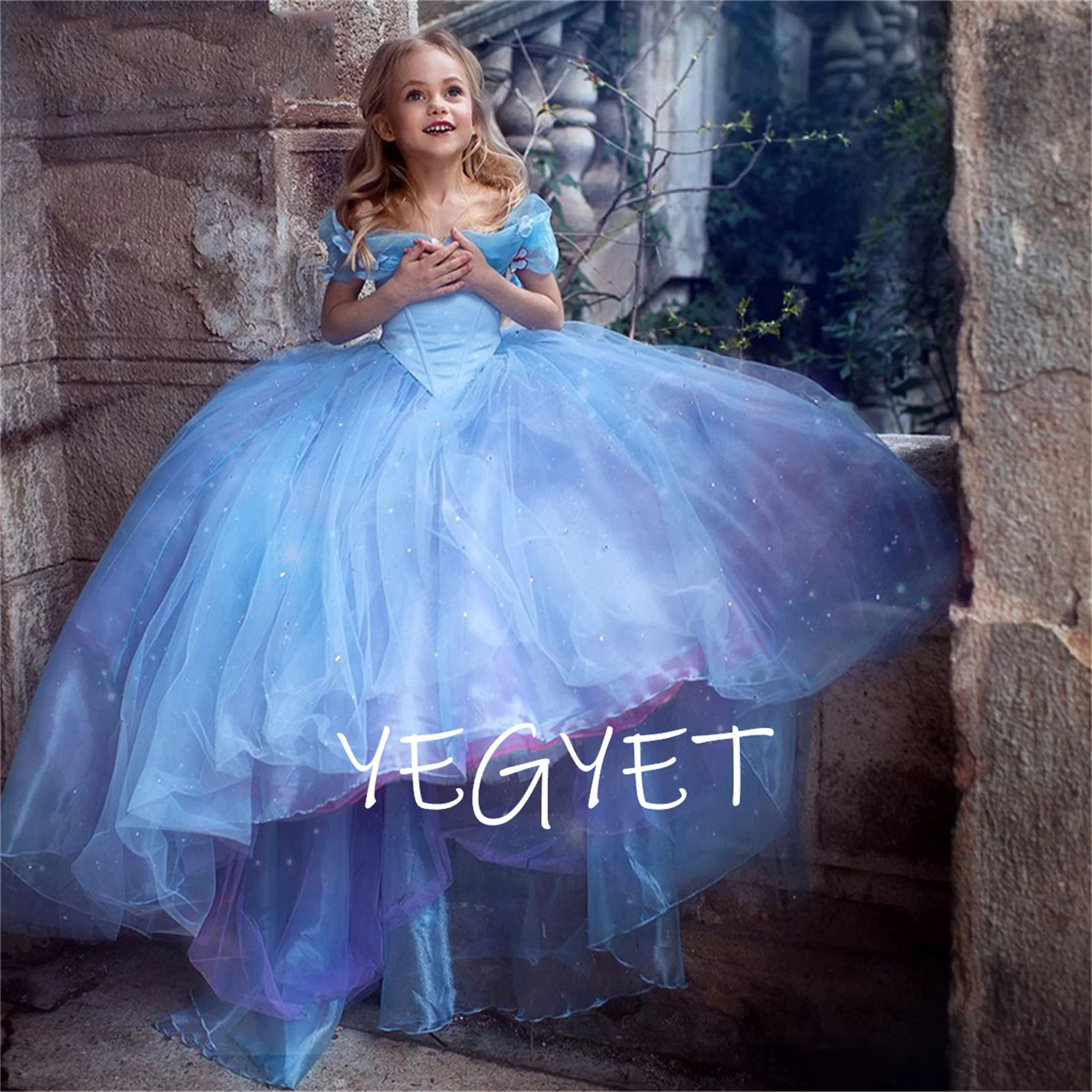 Treasure Blue Shiny Tulle Butterfly Decoration Off Spalla Flower Girl Dress Wedding Flower Child Santis Prom Dress