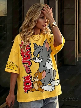 Funny Cartoon Tom&Jerry Print T-shirts For Women Summer Casual O-Neck Street Short Sleeve Oversized Loose Tees Y2K Couple Tops 1
