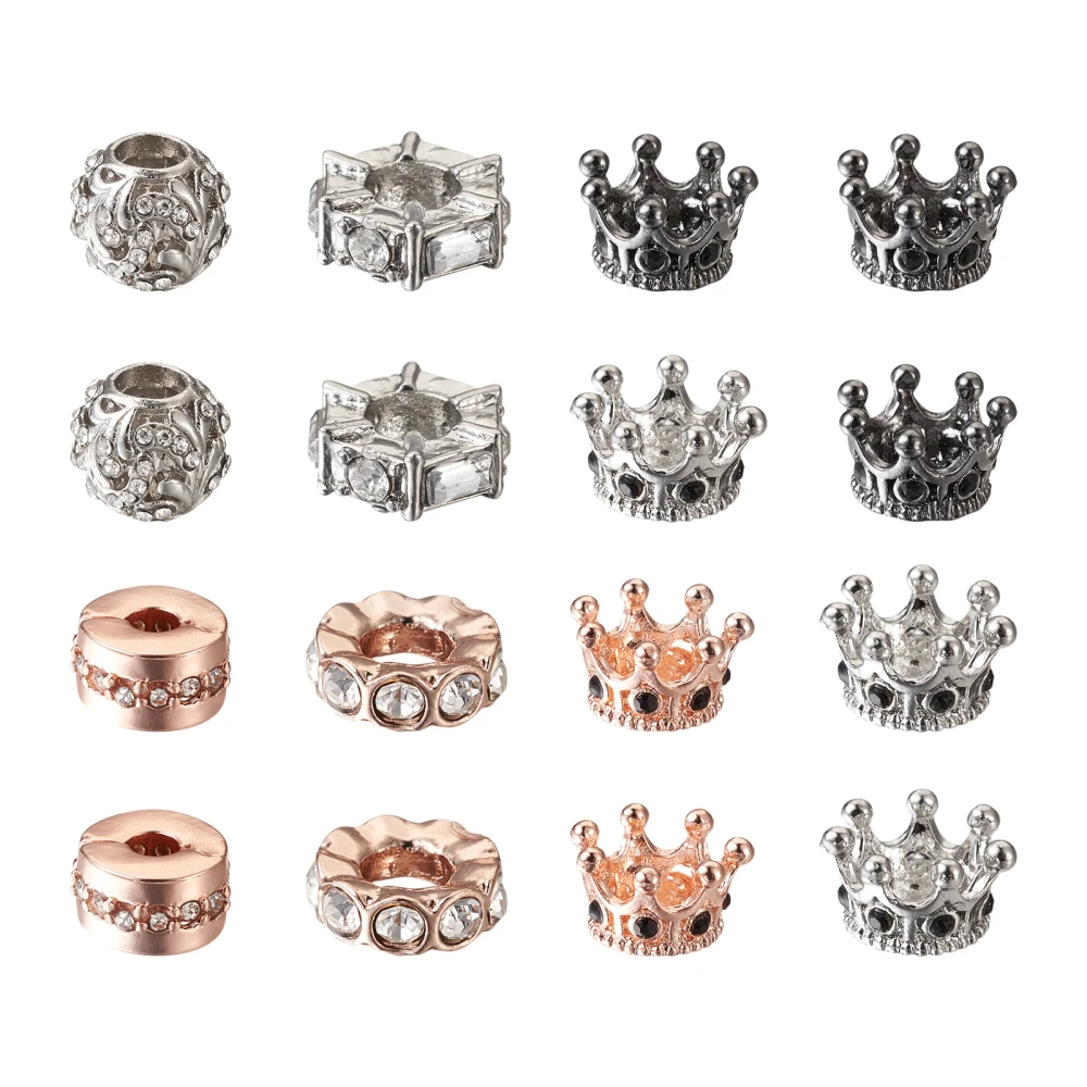 

18Pcs Alloy Crown Beads Micro Pave Rhinestone Flat Round Large Hole European Beads for DIY Bracelet Jewelry Making Accessories