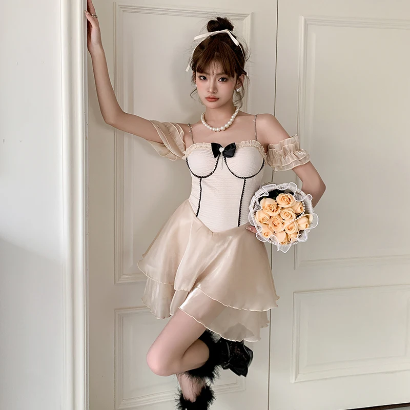 

Новая кофта во французском стиле, милая газовая юбка для балета, в стиле ретро, приталенная, в стиле желаний, милый женский слитный купальник