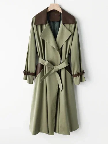 Gabardina larga para mujer, tendencia primavera otoño 2024, diseño de solapa de piel de oveja auténtica con parches en contraste, chaqueta cortavientos con cinturón