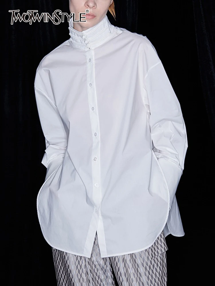 

TWOTWINSTYLE Solid Loose Blouse For Women Stand Collar Long Sleeve Patchwork Single Breasted Minimalist Blouses Female Fashion