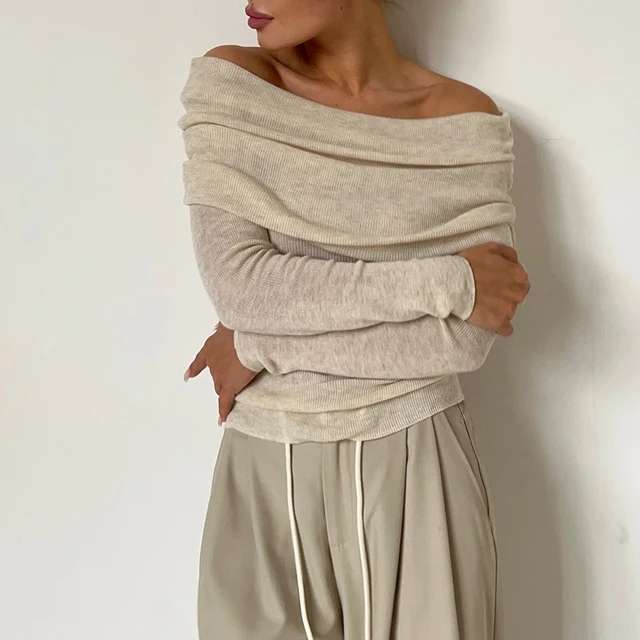 2025 New Arrival Women Spring Sexy Off The Shoulder T Shirts Pullovers Stretch  Women Long Sleeve Slim Tops Pull Femme 1