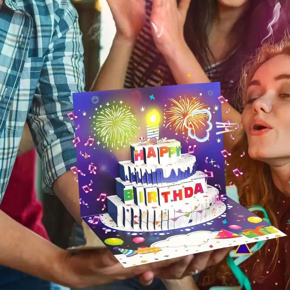 3D Fly-out Birthday Card Light Music Happy Birthday Glowing Greeting Card With Cake Design Interactive 생일 카드