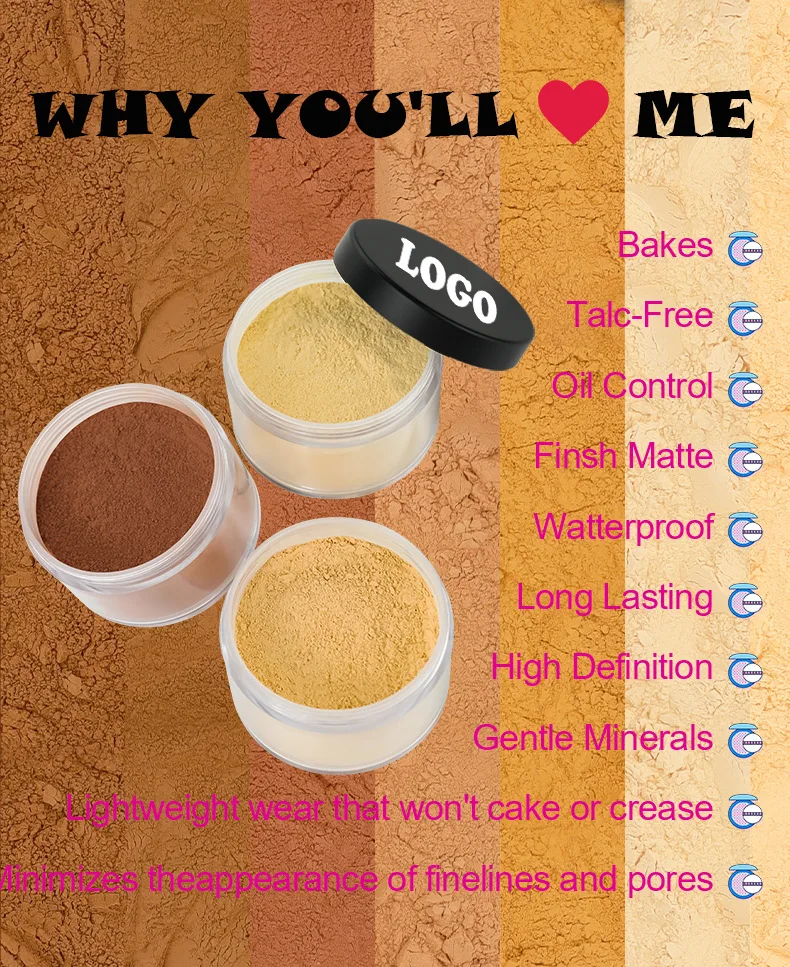 Description Picture 6 of itemPink Oil-control Loose Powder Private Label Waterproof Long-lasting Full Coverage Face Compact Setting Powder Makeup Cosmetics