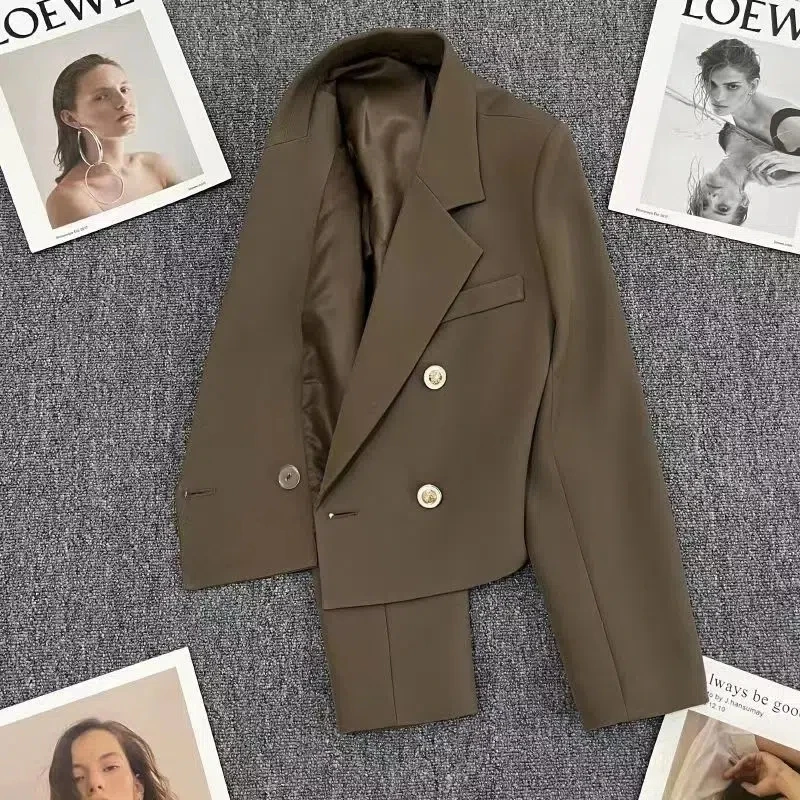 

Spring Fashion Cropped Blazer Women Korean Style Long Sleeve Suit Jacket Office Laides Elegant Double Breasted Coat Streetwear