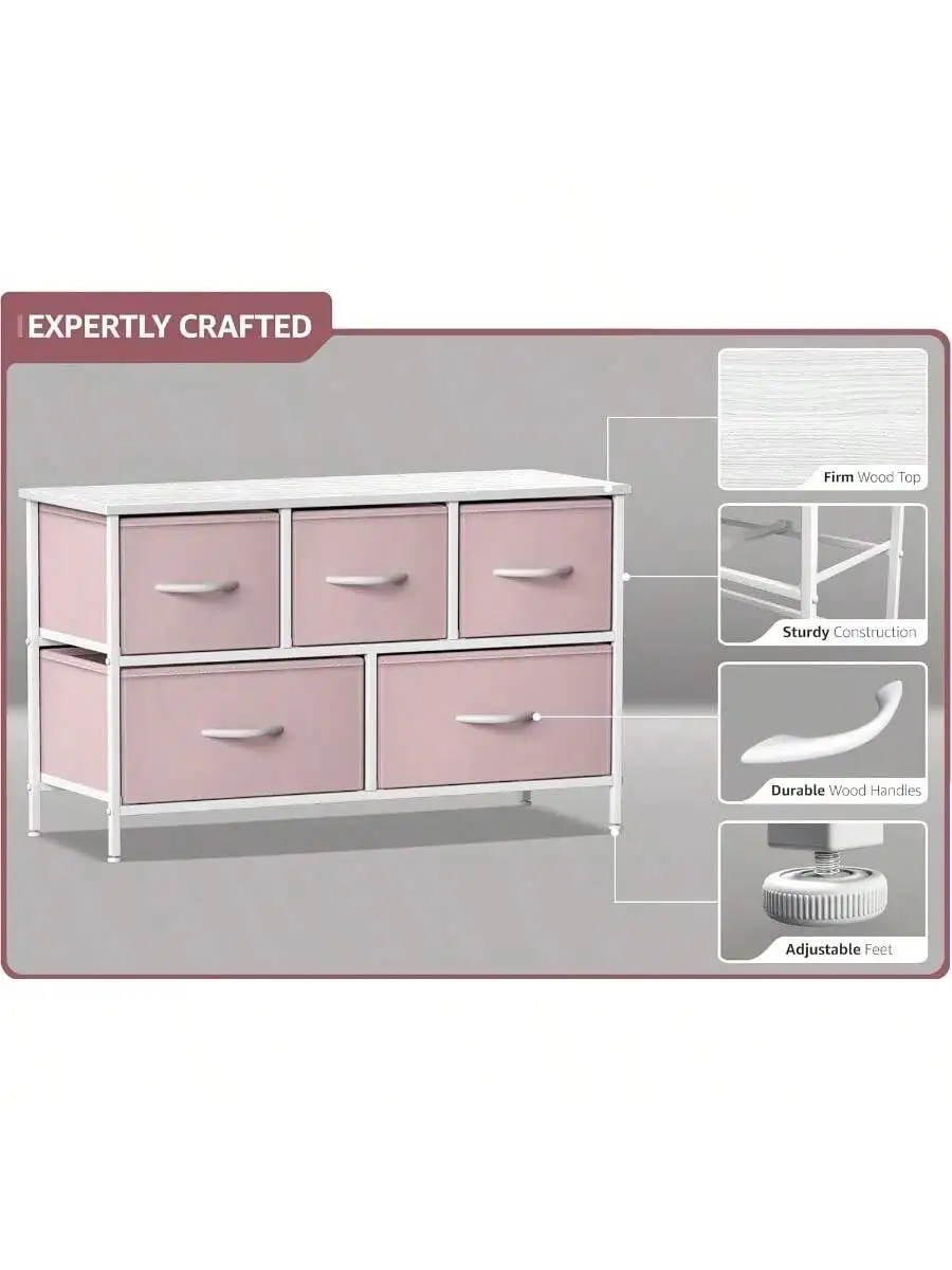 Sorbus Dresser with 5 Drawers - Storage Chest Organizer Unit with Steel Frame Wood Top Easy Pull Fabric Bins - Long Wide 4