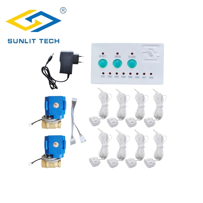 

Water Leak Detector System Siren Host with 2pcs DN15(1/2") Valve Crane 8pcs Leakage Sensor Cable for Water Pipe Anti Overflow