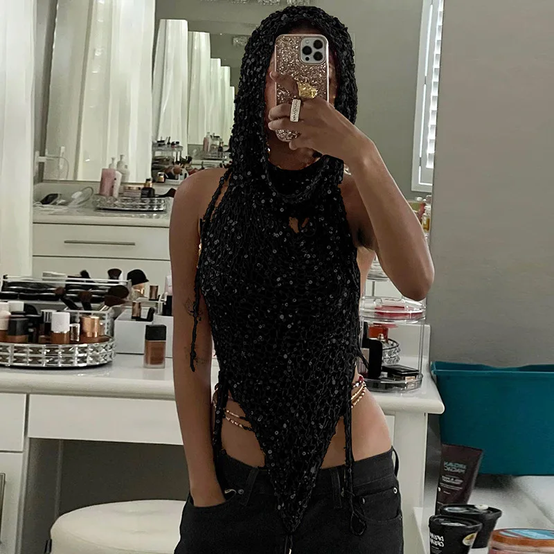 Ensemble 2 pièces en tricot creux pour femme, paillettes, capuche, dos nu, précieux, short Y +, hipster, été, sexy