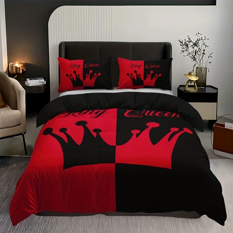3pcs Duvet Cover Set, Black And Red Crown Pattern Bedding Set, Soft Duvet Cover For Bedroom, Guest Room