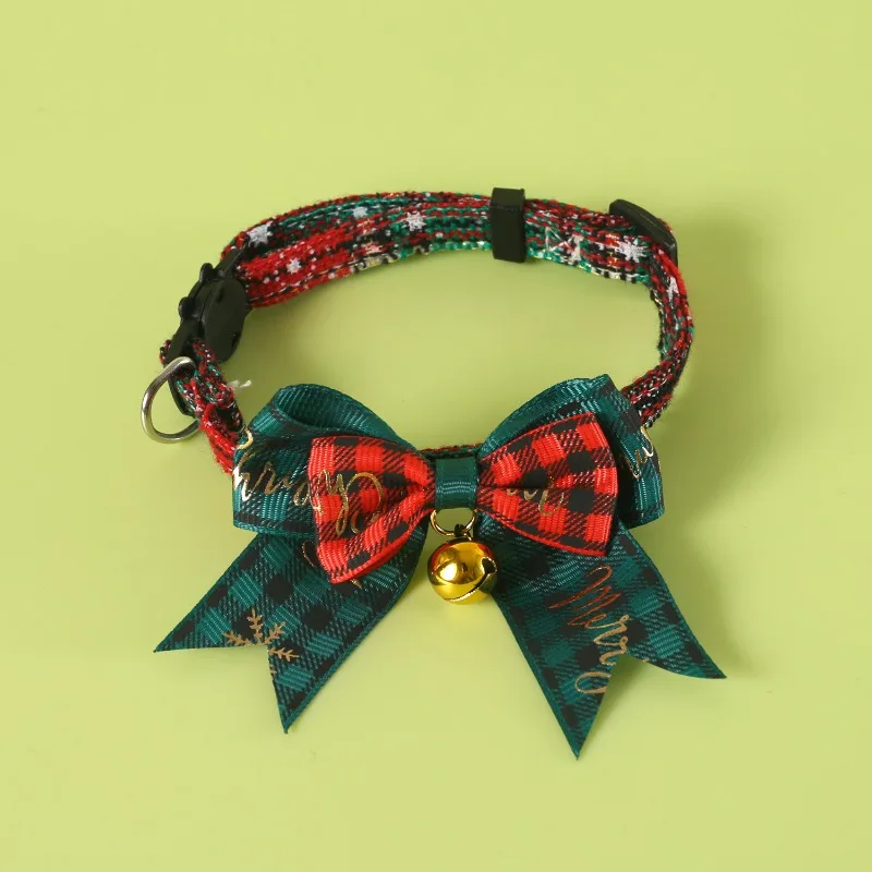 Adjustable Pet Christmas Bow Tie Collar with Anti-Choke Buckle Gold-Printed Plaid Design for Dogs Practical Home Accessory
