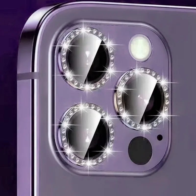 Sparkling Diamond Rhinestone Metal Ring Camera Lens Protector with Tempered Glass - Full Cover