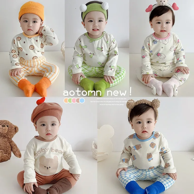 

Babies Printing Crewneck Underwear Pure Cotton Home Wear Fashion Casual 2pcs Infant Pajamas Suits Autumn New Cartoon Tops+Pants