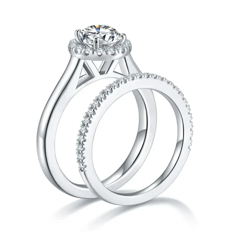 All Moissanite Engagement Rings Set For Her Total 1.42ct Solid 925 Silver Round Cut VVS D Color GRA Certificate
