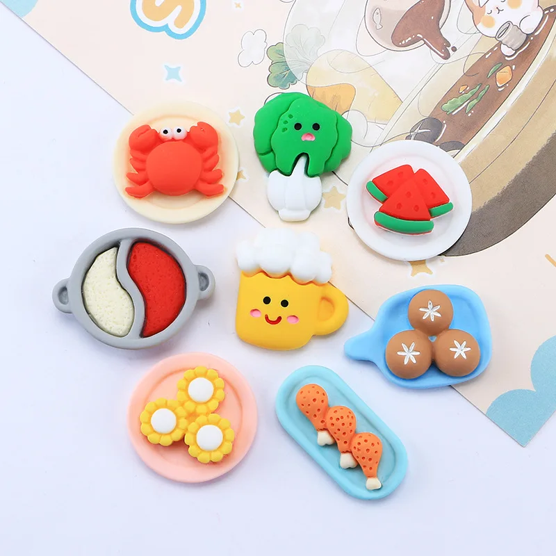

10PCS Dollhouse Miniature Resin Hot Pot Cabochons Flatback Kawaii Vegetable Chicken Beer Doll Charms for DIY Kitchen Accessories