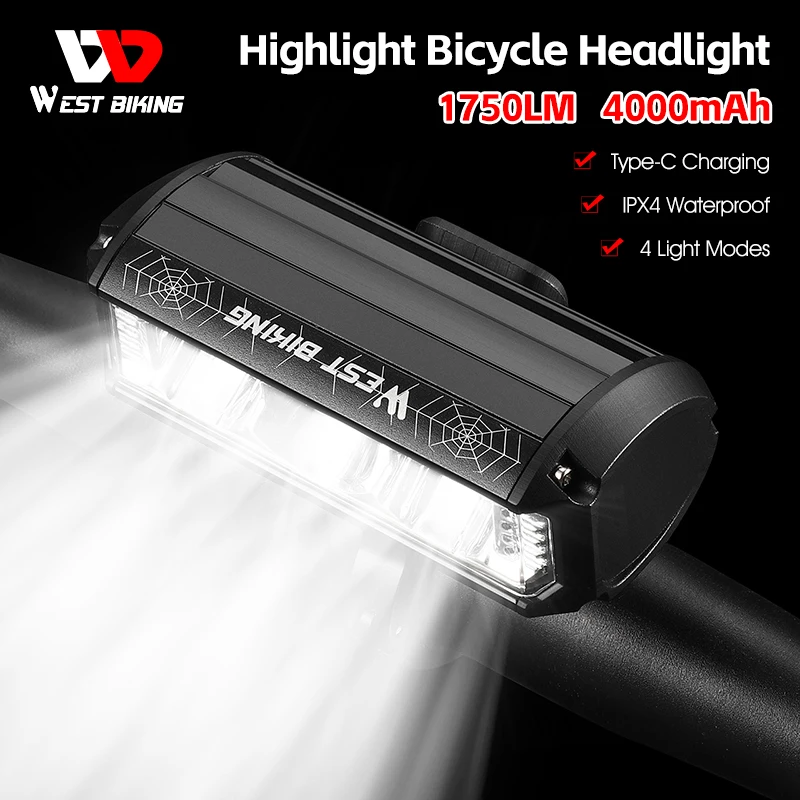 

WEST BIKING Bicycle Light Front 1750Lumen Bike Light 4000mAh IPX4 Waterproof Flashlight Type-C Charging MTB Road Cycling Lamp