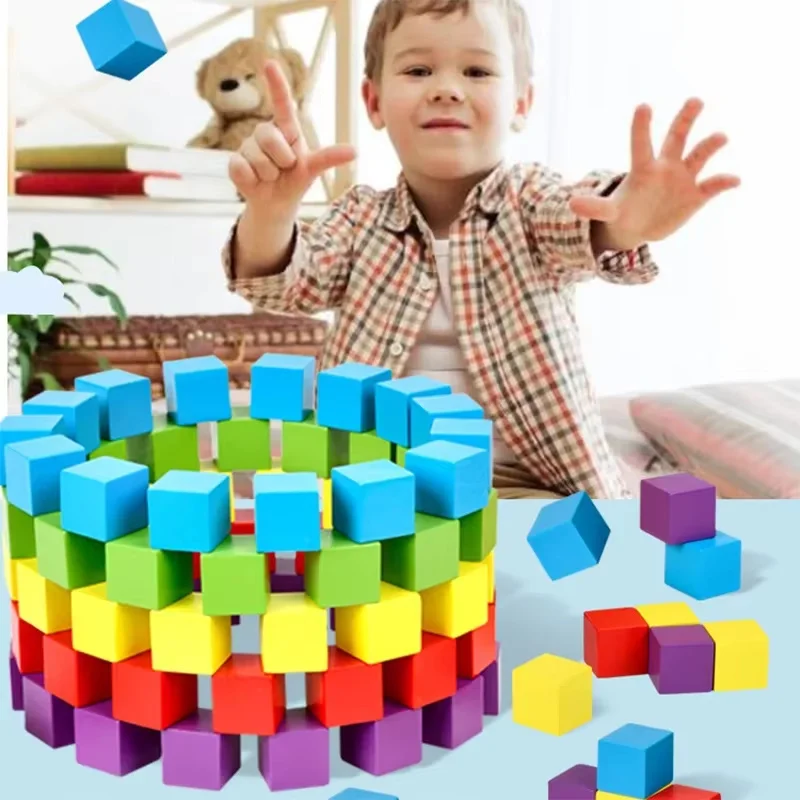 50pcs Colorful Kids Wooden Cube Building Blocks Toy Squares Stack High Game Brick Educational Toys for Boys Girls Birthday Gift 2
