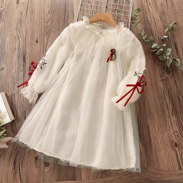 Spring Girls Princess Dress Long Sleeve Children Clothing Floral Sweet Family Party Wear Tulle Baby Girls Dress Vestidos 3-14Y cs-beige