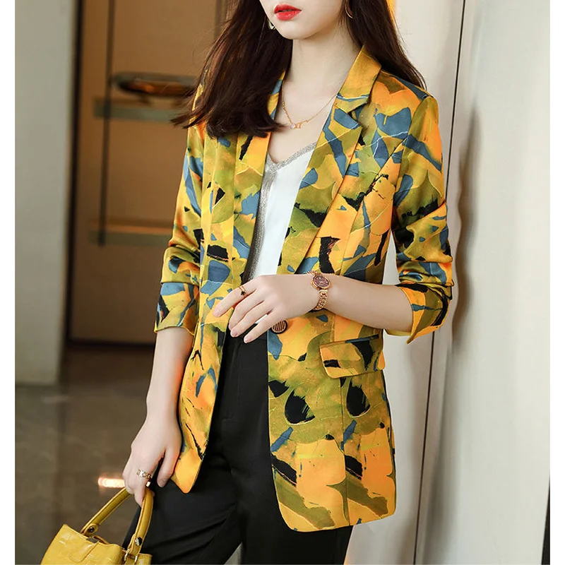 Elegant Lapel Button Spliced Pockets Printed Blazer Women's Clothing 2023 Autumn New Casual Tops All-match Office Lady Blazers