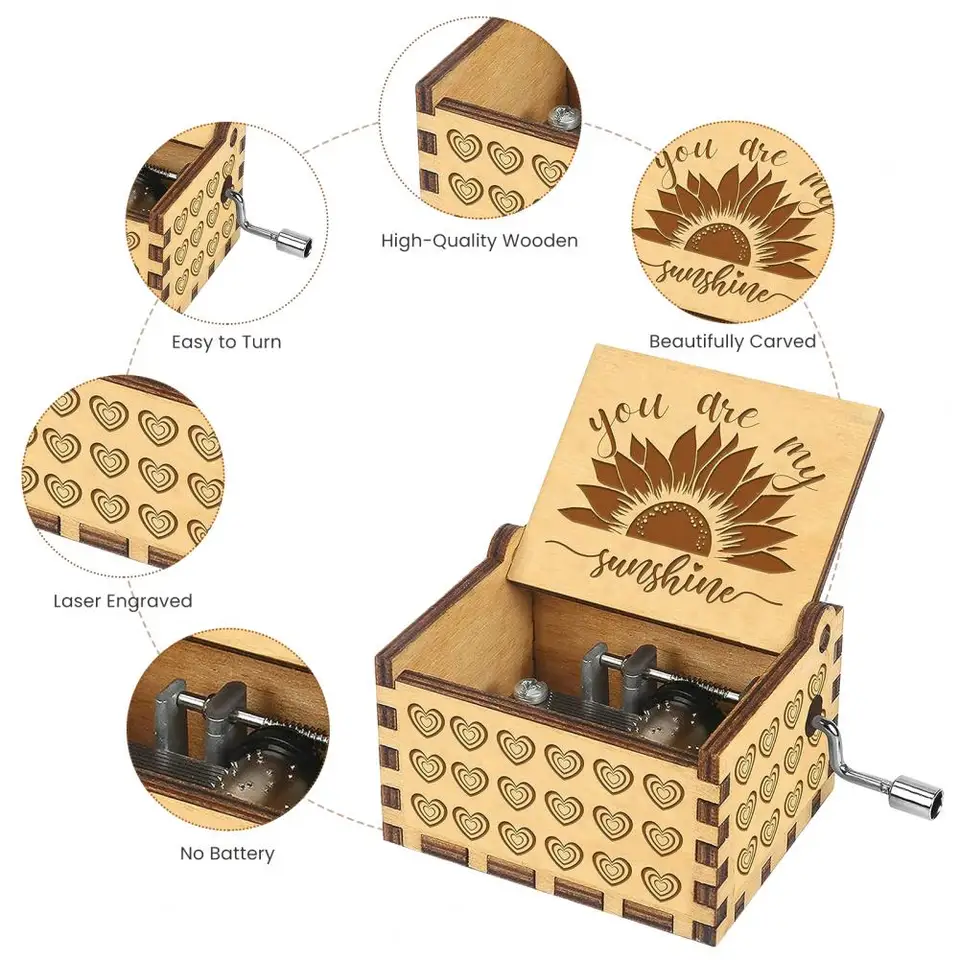 Rotary Handle Wooden Music Box You Are My Sunshine Mini Mechanical