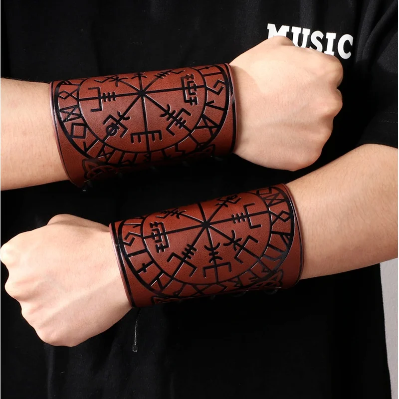Toten Design Nordic Viking Odin Compass Bangles for Man Riding Protective Gear Embossed Wide Leather Wristband Punk Jewelry bangle bracelet leather bracelets leather bracelet