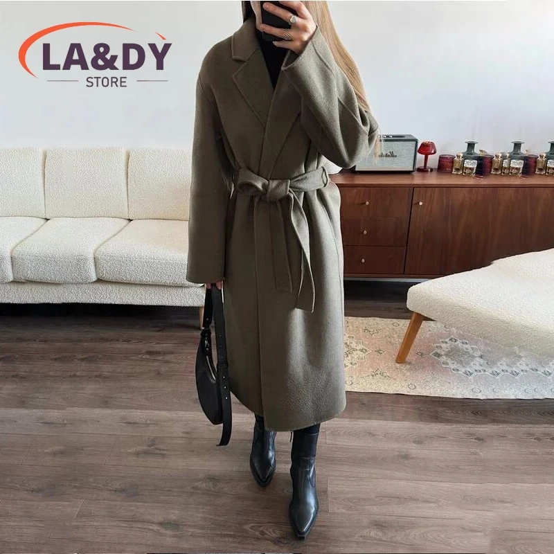 Woolen Coat High Quality 2024 Women Fashion Loose Lace-Up Female Solid Color Casual Long Sleeve Pockets Outerwear 5