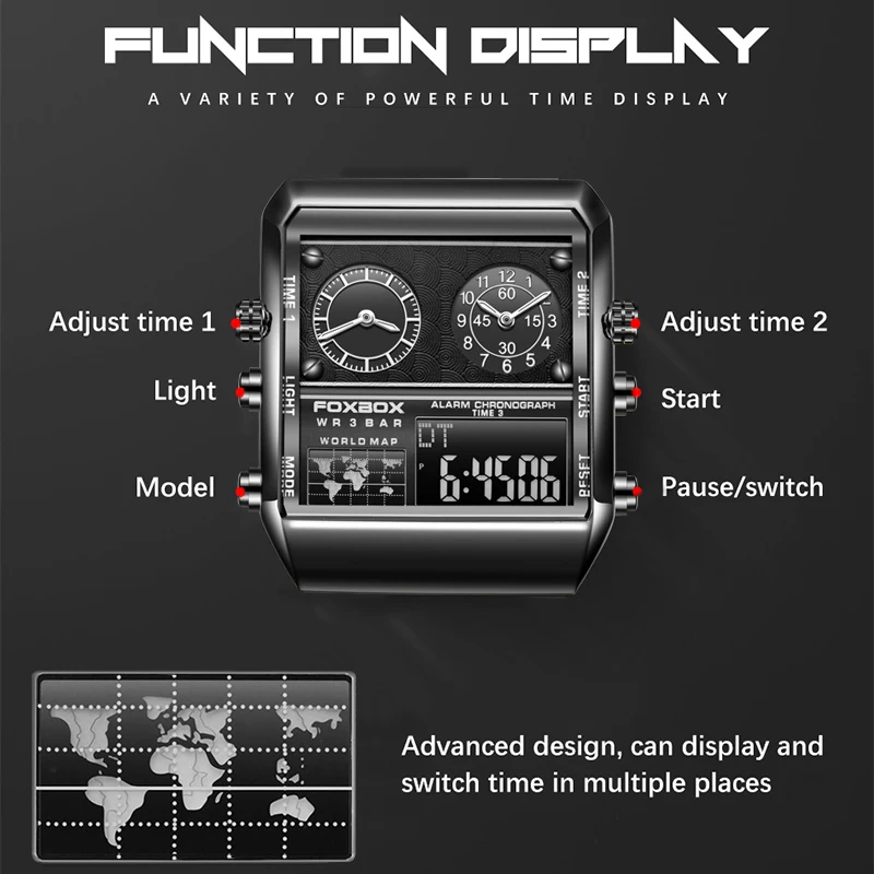 FOXBOX Mens Watches Quartz Watch Men Square Digital Watch Wristwatch Stainless Steel Strap Watches for Men Relogio Masculino+Box