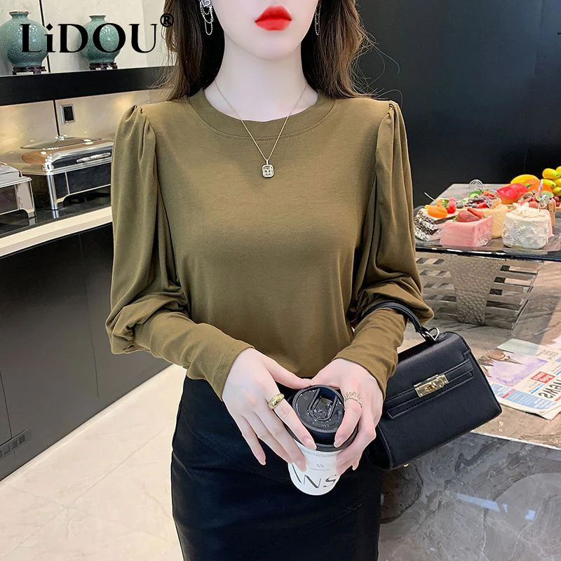 

Spring Autumn Round Neck Solid Color Lantern Long Sleeve T-shirt Female Loose Casual Pullover Top Women All-match Bottoming Tee