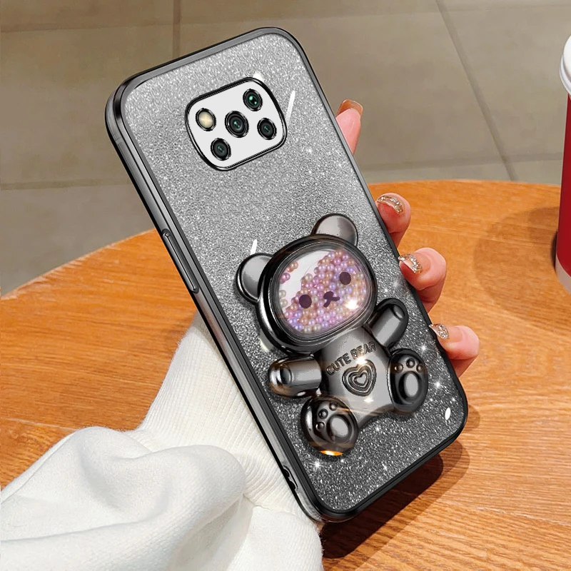 pokox3 x5 Quicksand Bear Glitter Holder Phone Case On For Xiaomi Mi Poco X5 GT NFC X3 M4 M3 M2 Pro Stand Cover F4 F5 F2_voghion.com