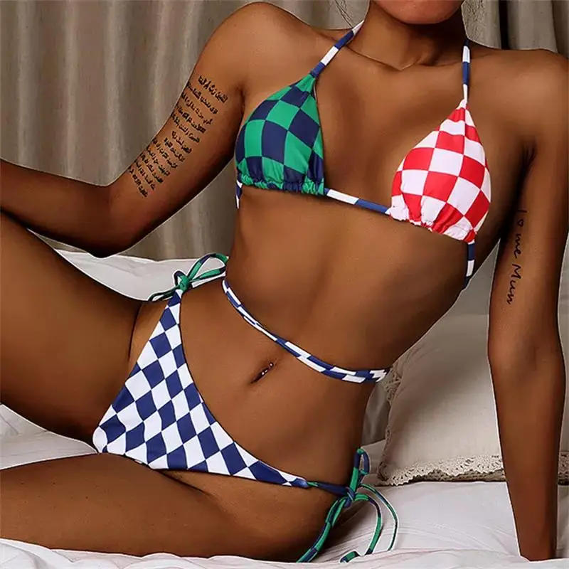 

Women Vintage Plaid Bikini Summer Push Up Bra Bandage Swimwear Beach Thong Bathing Suit Fashion Sexy Halter Side Lacing Swimsuit