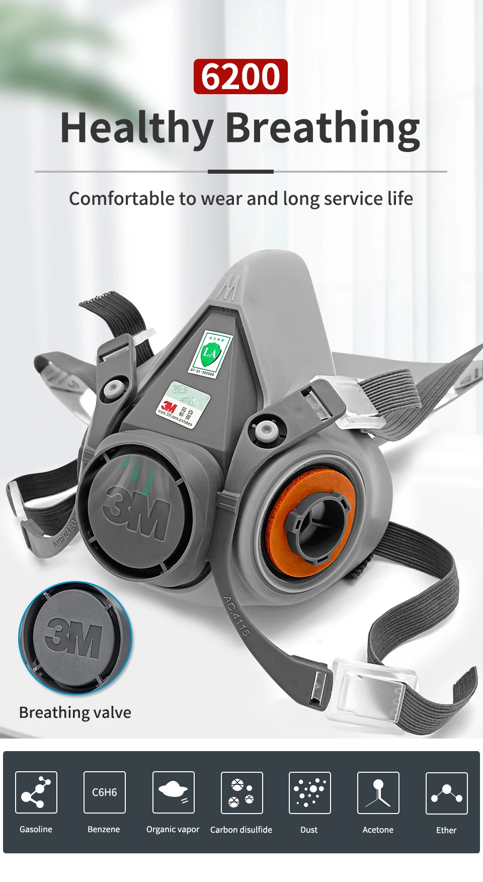 3M 6200 Gas Mask for Spray Paint Decoration Chemical Dust Mask Body Protect Toxic Steam Filter Respirator Reusable Half Mask