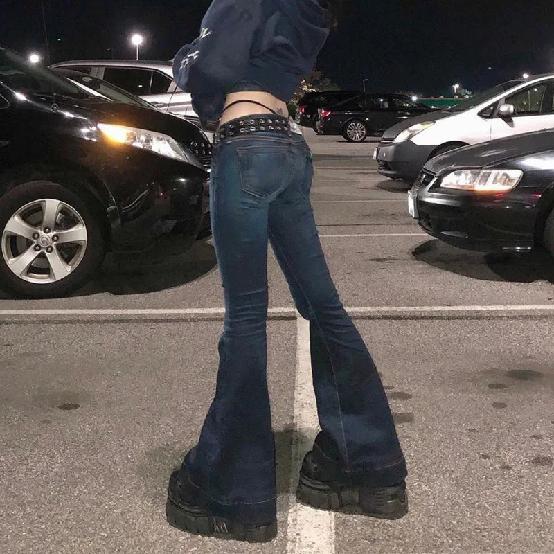 HOUZHOU Y2k Flare Jeans Women's Low Waist Trousers Vintage Aesthetic Denim Pants Female Bootcut Streetwear Casual Korean Fashion