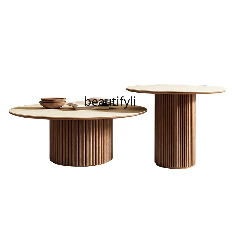 

Ancient Style Tea Table Ash Vintage Cave Stone Stone Plate Misty Style round Tea Table Side Table