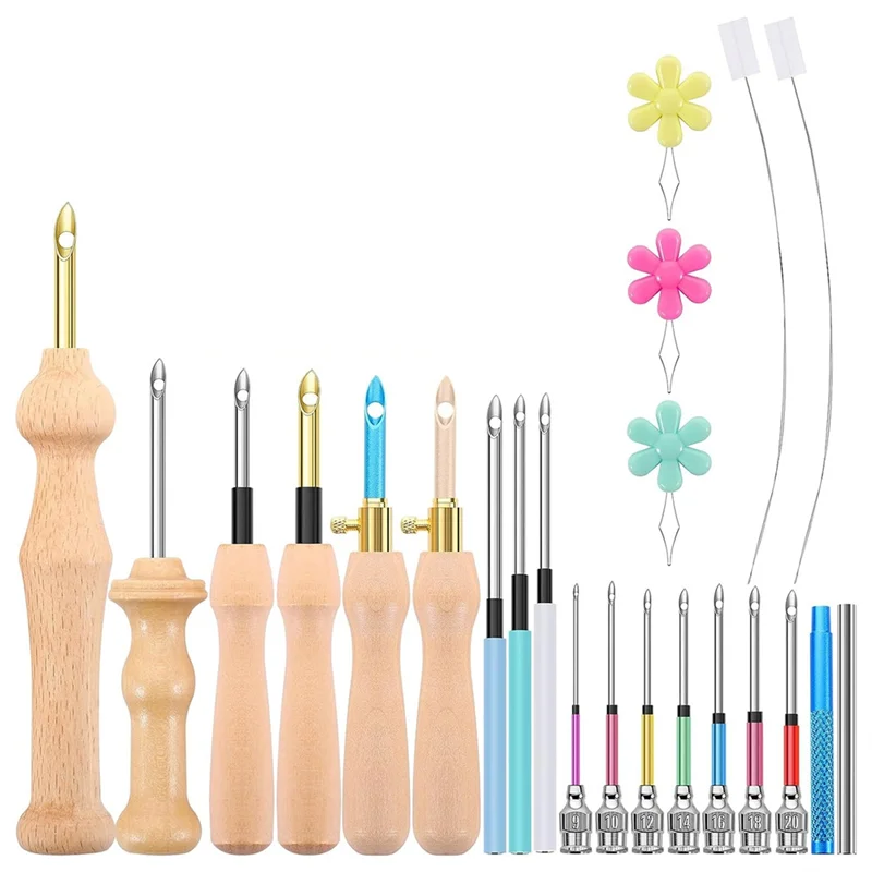 23Pcs Punch Needle Kit, Wooden Punch Needle Set Adjustable For Adults Beginner Embroidery Durable
