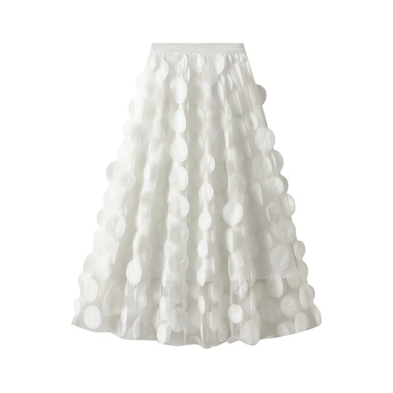 Autumn Winter 3D Circular Applique Mesh Long Skirts 2026 Korean Fashion Hepburn Style High Waist A-LINE Skirt