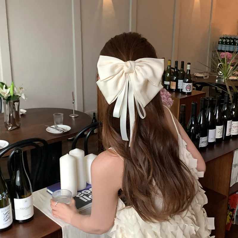 

Free Shipping Korea Fashion Solid Elegant Temperament Satin Bow Spring Clip Simple Trendy Hairpin Ribbon Hair Clip Hair Grips