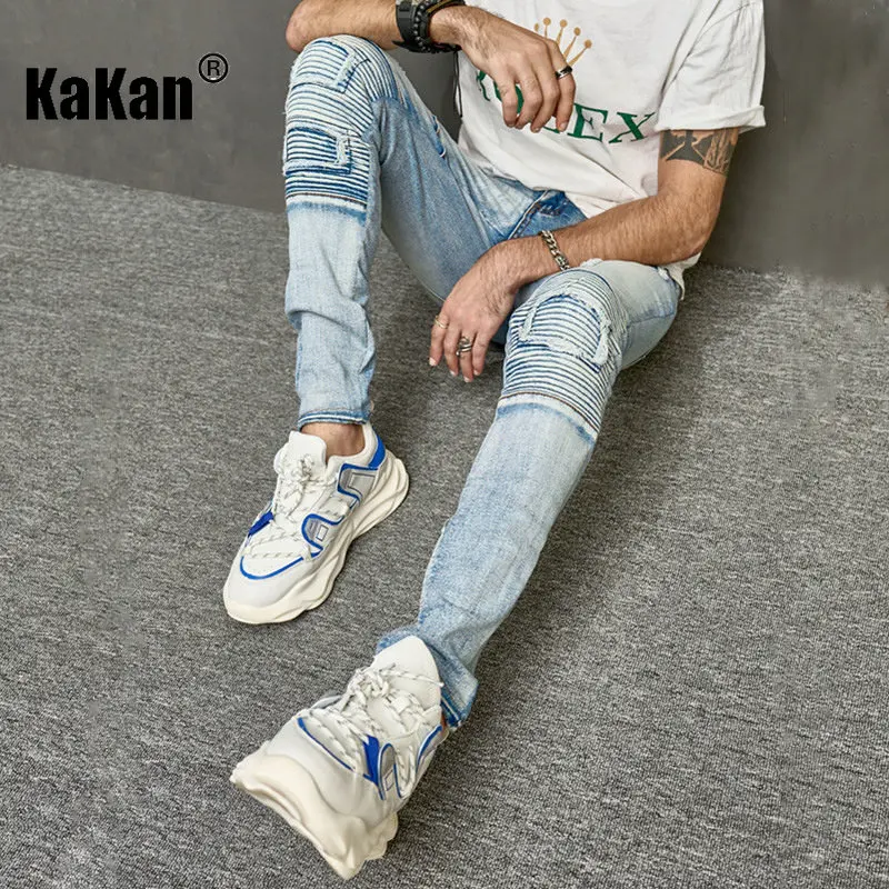 Kakan - New Washed Old Personalized Perforated Jeans for Men, High Street Small Foot Slim Fit Versatile Long Jeans K49-7006