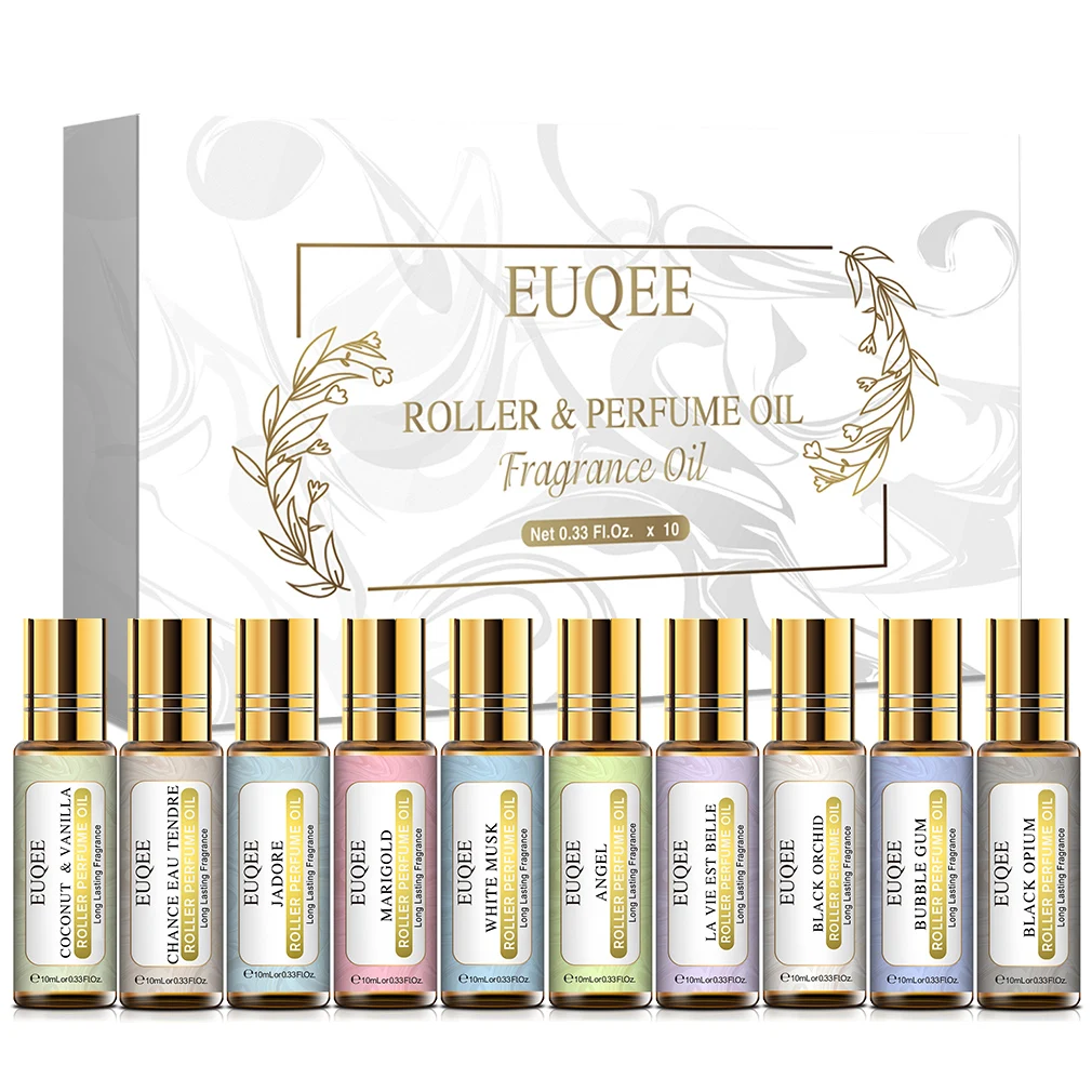 EUQEE 10 Bottles Women Fragrance Oil Gift Set Bubble Gum Jadore White Musk 10ml Roller Fragrance Oil For Diffuser Top Selling