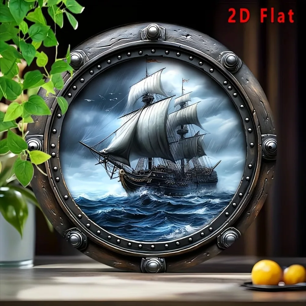 1개 8x8인치(20x20cm) 원형 2D 평면 장식 사인 - 바다 폭풍의 천공에서 보이는 2D 해적선, 방 장식에 적합