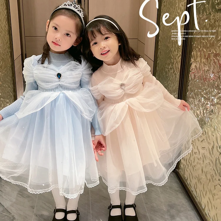 

Girls Princess Dress Knitted Mesh Dress Fairy 2022 New Fashion Spring And Autumn Birthday wedding party
