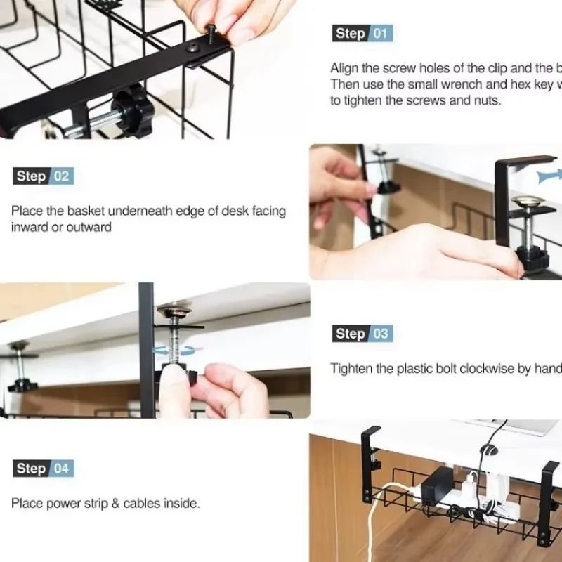 Under Table Storage Rack Hanging Desktop Wire Management Tray Metal Cable Storage Basket No Punching Office Shelf Home Organizer