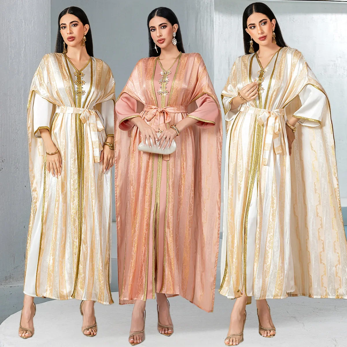 Eid Djellaba Luxury Muslim Sets for Women Diamonds Dubai Abaya Turkey Kaftan Kimono Jalabiya 2 Piece Dress Caftan Marocain Femme 1